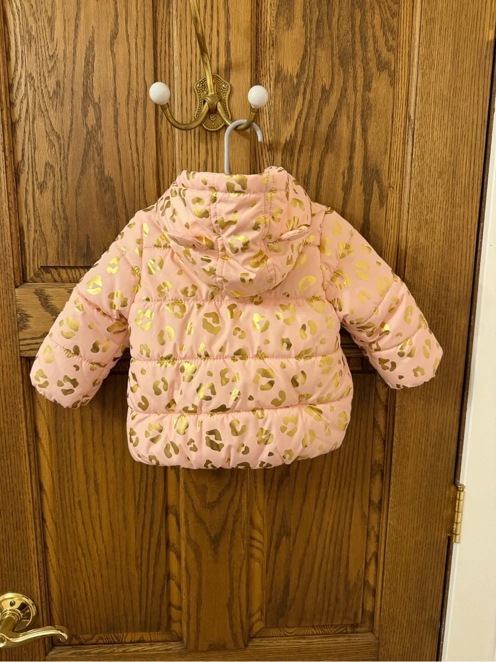 Carter’s Girls' Pink Puffer Winter Jacket with Gold Leaopard Print 12 Month